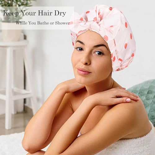Shower Cap Luxury Shower Caps for Women Reusable Waterproof Hair Cap for Shower with Adjustable Bowknot Hair Bath Cap (Pink)