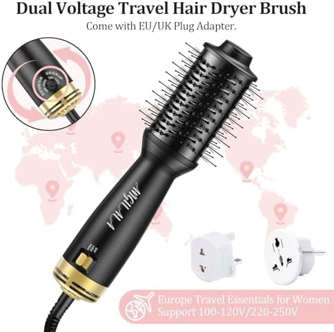 Dual Voltage(100~250V) Mini Hair Dryer Brush with European Plug Adapter for International Travel, Europe Travel Essentials for Women