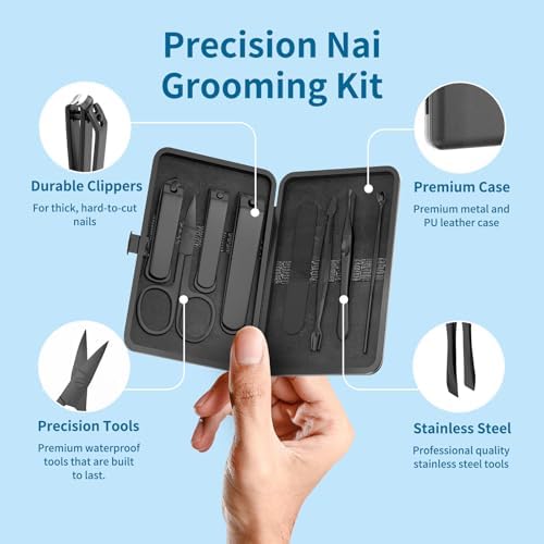 Precision 8 Pieces Men’s Nail Grooming Travel Kit, Stainless Steel Manicure Set with Fingernail & Toenail Clippers, Nail File, Slant Tip Tweezers, Cuticle Scissors, Cuticle Pusher, Travel Case