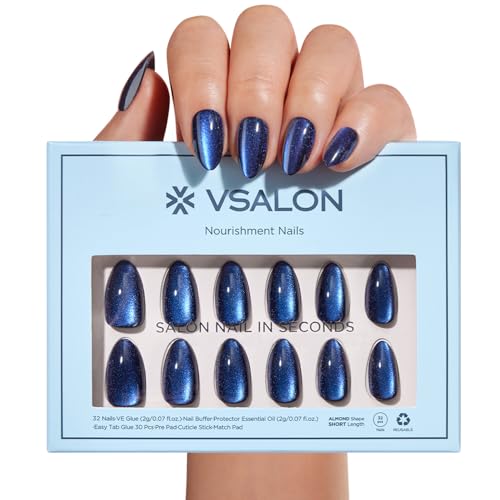 VSALON Press on Nails Short Almond - Blue Cat Eye Chrome Glue On Nails Kit for Women, Reusable Opaque Gel Stick on Nails with Glue & Cuticle Oil - 32 PCS Fake Nails in 16 Sizes (Tear Of The Sea)