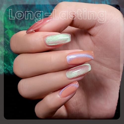 RARJSM Aurora Glitter Cat Eye Gel Nail Polish Set 6Pcs Nude Pink Light Purple Gold Brown Green Blue Galaxy Mermaid Glitter Cateye Gel Polish with Magnetic Stick UV LED Curing Require Home Salon