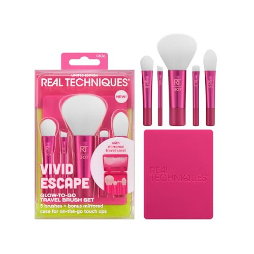 Real Techniques Vivid Escape Glow-To-Go Travel Makeup Brush 6 Piece Set, Mini Size Makeup Brushes For Eyeshadow, Concealer, Contour, & Blush, Includes Mirror Cosmetic Case, Cruelty-Free & Vegan