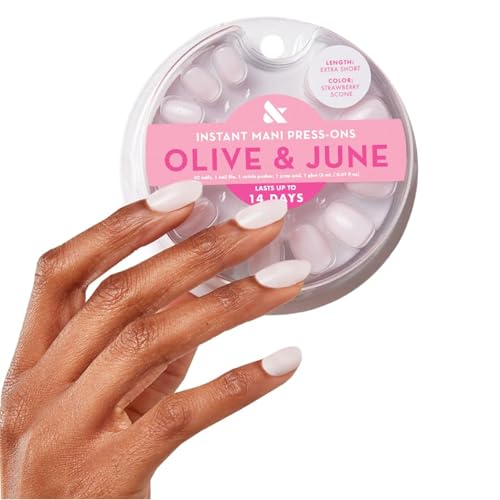 Olive & June Instant Mani Press-On Nails (Glue) Extra Short, Round 42 Fake Nails, 21 Sizes Non-Toxic, Long-Lasting Recycled Materials Realistic Look, Salon-Quality at Home Strawberry Scone