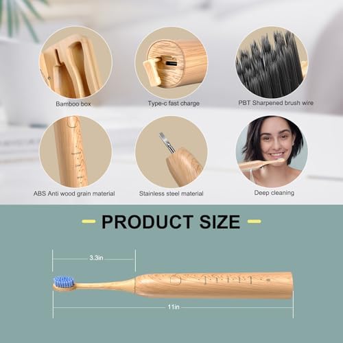 Sonic Electric Bamboo Toothbrush for Adults - Bamboo Design with Soft Bristles - 5 Adjustable Cleaning Modes - Upgraded IPX7 Waterproof Technoloy for Adults