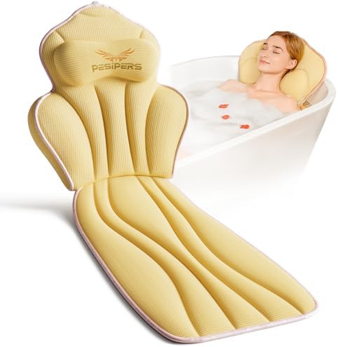 Ergonomic Full Body Bath Pillow for Bathtub, 3.9 inch Thickened Tub Pillows for Back Support and Headrest Neck, Soft 5D Air Mesh Cushion & Mat, Bathtub Pillow with 13 Suction Cups(Gold)