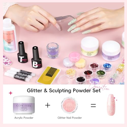 Acrylic Nail Kit with Drill, Pink White Nude Clear 4 Colors Nails Kit Acrylic Set with U V Light Sequin Glitter Decoration Powders Manicure Kits for Home Nail DIY