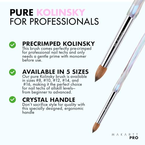 Kolinsky Crimped Acrylic Nail Brush for Acrylic Powder and EMA Monomer Application, Made for Professional Nail Technicians and Beginner Nail Students, Size #12