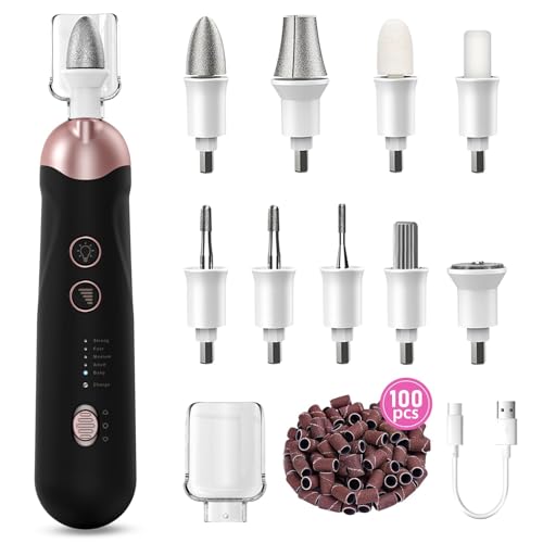 Professional Manicure Pedicure Kit, 9 in 1 Cordless Nail Drill with 100 pcs Nail Drill Bits Sanding Bands, Nail Grinder for Human, 5 Speeds, Nail Dremel Kit for Home and Salon Use