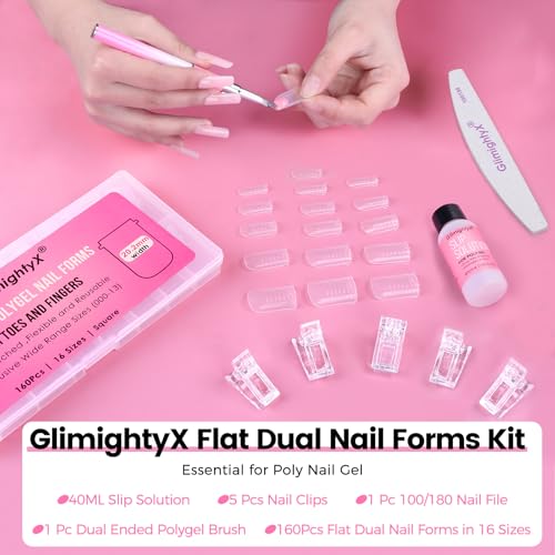 Poly Gel Nail Kit For Toes and Fingers,GlimightyX Straight Flat Dual Forms Reusable for Polygel,Pre-etched No-file Needed, 16 Sizes,with 1.35oz Nail Slip Solution, Dual-Ended Brush,Nail File &5 Clips