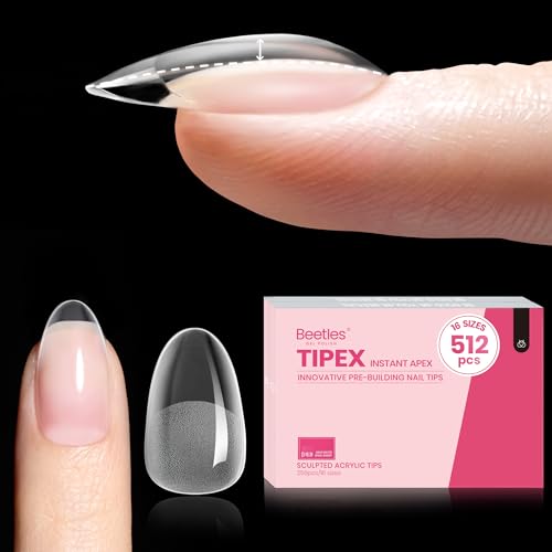 Beetles Tipex Instant Apex Nail Tips Short Oval, 512Pcs 16 Sizes Pre-Building & Pre-Etched Gel Nail Tips Thicker Acrylic Nails Strong Full Cover False Nail Extension Press-on Nails