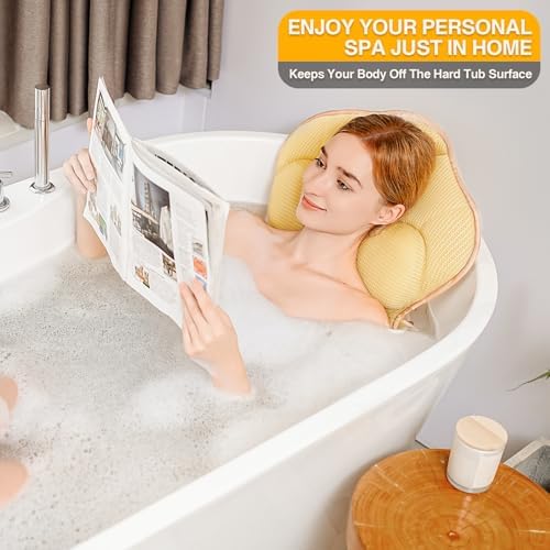 Ergonomic Full Body Bath Pillow for Bathtub, 3.9 inch Thickened Tub Pillows for Back Support and Headrest Neck, Soft 5D Air Mesh Cushion & Mat, Bathtub Pillow with 13 Suction Cups(Gold)