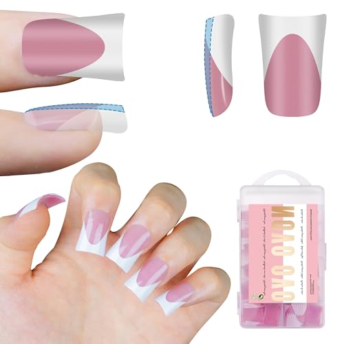 French Tip Short Duck Nail Tips Press on, Pre-designed Soft Gel Nail Extension, BERRY PINK Pre-applied Tip Primer & Base Coat, Full Cover Matte Vrial False Nails for DIY x 12 Sizes 240 pcs