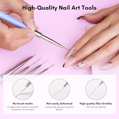 Makartt Nail Art Brushes Set: 5pcs Liner Brushes 7/9/11/15/25mm Thin Nail Art Design Brush with Cap Nail Polish Brush for Builder Gel 3D Nail Gel French Tip Tool Nail Painting