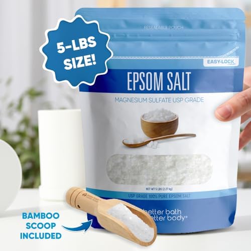 Epsom Salt 5 Lbs Bulk Bag USP Grade Multipurpose Unscented in BPA Free Pouch with Easy Press Lock Seal Plus Bamboo Scoop
