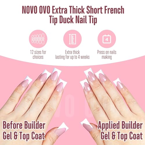 French Tip Short Duck Nail Tips Press on, Pre-designed Soft Gel Nail Extension, BERRY PINK Pre-applied Tip Primer & Base Coat, Full Cover Matte Vrial False Nails for DIY x 12 Sizes 240 pcs