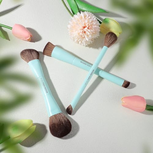 EIGSHOW Makeup Brush Set, 3Pcs Dual Ended Face Makeup Brushes for Foundation Powder Contour Highlight Concealer Nose Shadow, Travel Gift Set (Cyan)