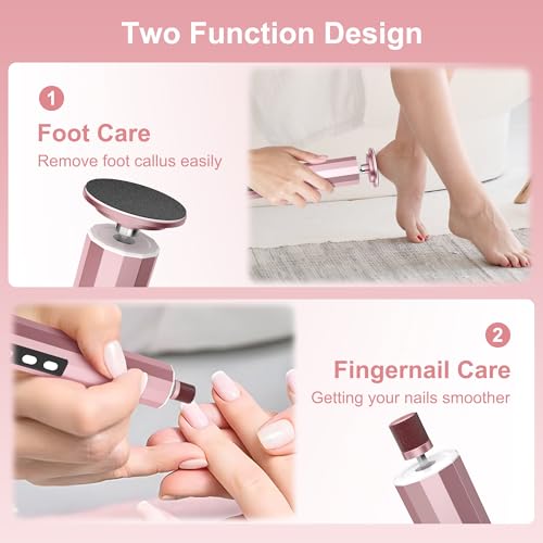 Electric Foot Callus Remover, 2 in 1 Rechargeable Foot File for Feet & Nails, 9 Speed Controller Callus Remover with Replaceable Sandpaper, Cordless Pedicure Tools for Dead Skin and Calluses (Pink)