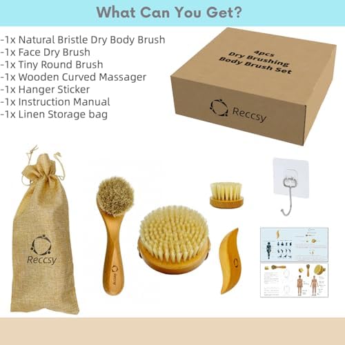 4pcs Dry Brushing Body Brush Set for Lymphatic Drainage-Natural Bristle Dry Skin Brush +Facial Dry Brush for Face+Dry Skin Exfoliating Scrubber+Wood Therapy Massage Tool. Gua Sha, Anti-Cellulite.