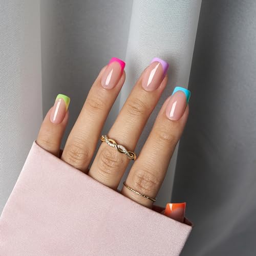 BTArtboxnails XCOATTIPS Summer Press on Nails - Lamp-Curable Short Square Brighter Pastel Press on Nails, 160 Soak Off Coloful French Tip Nails Extensions, Builder Gel & Top Coat Required