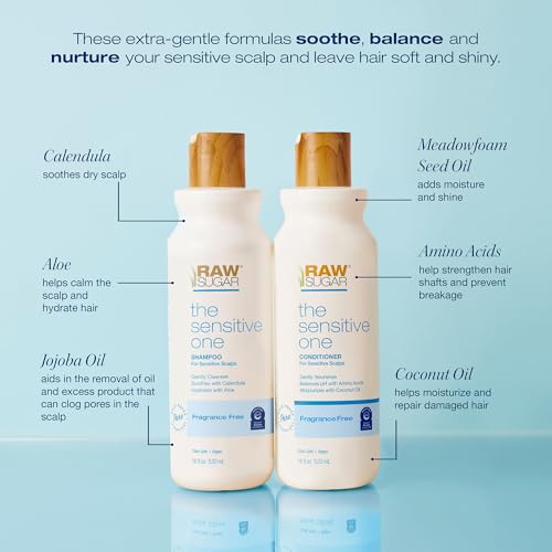 Raw Sugar Shampoo and Conditioner Set, The Sensitive One Hair Care Duo, 18 Fl Oz Each, Gently Cleanses, Soothes & Hydrates with Calendula & Aloe, No Fragrance, Sulfates & Parabens, Vegan