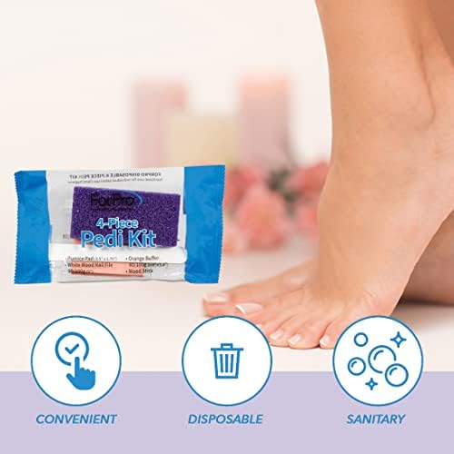 ForPro 4-Piece Pedi Kit, 200-Count, Individually-Packed Pedicure Set, Purple Pumice Pad, White Wood Nail File 80/100 Grit, Orange Mini Buffer 80/100 Grit, Wood Stick