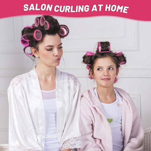 Jumbo Hair Rollers Set - 24 Pieces with 12 Large Rollers and 12 Clips for Voluminous Long Thick Hair (Hot Pink)