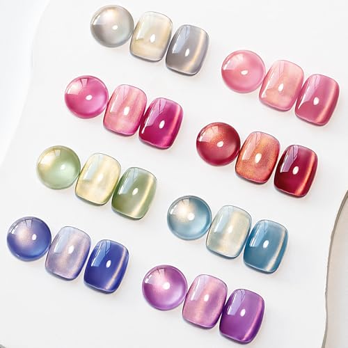 MIZHSE Cat Eye Gel Nail Polish, Dawn Cat Eye Effect Magnetic Gel Polish Set, 8 Colors Crystal Jelly Pink Red Green Purple Nail Gel with Magnet Stick Soak Off Nail Art Gift for Women