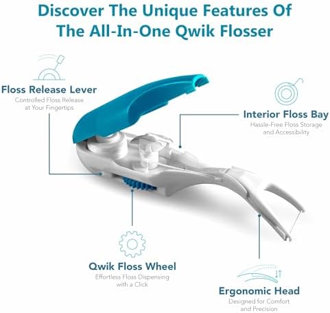 QWIK Automatic Dental Flosser | Click-to-Use, Reusable & Refillable | Pre-Loaded Floss with Travel Cover | Easy Flossing for Plaque Removal, Clean Teeth & Fresh Breath (Dark Blue)