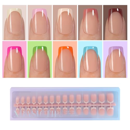 Misssix XBASICTIPS French Tip Press On Nails, 300Pcs French Gel Nail Tips Short Square, Soft Gel Pre-shaped No Need to File 3 in 1 Tips, Fake Nails for Nail Art DIY Extension Designs 15 Sizes