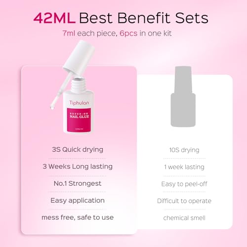 42ml Brush On Nail Glue for Press On, Acrylic Nails - Super Strong, Durable & Long-Lasting, Mess Free, Travel Friendly, 1.38 oz(6PCS)