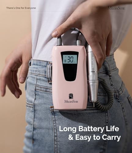 MelodySusie Professional Nail Drill 30000RPM, SC320D Rechargeable Electric Nail Drill Machine, Cordless Nail E File for Acrylic Gel Nails, 8pcs Nail Bits 50pcs Sanding Bands, Selene Pink