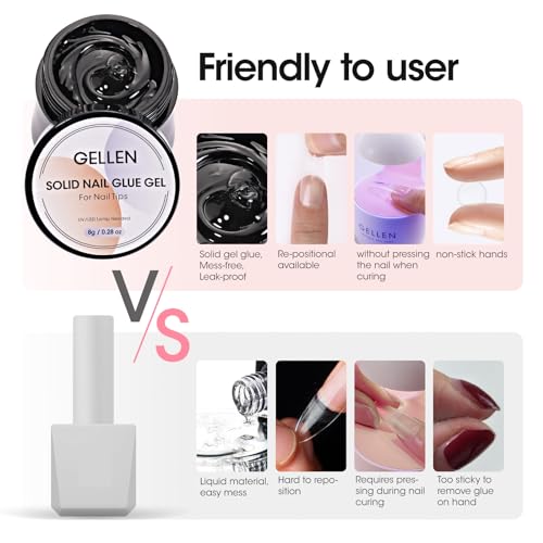 Gellen Solid Nail Glue Gel Kit - 8g Gel and 8w Mini UV Light LED Lamp for Cured Nails, Press on Glue for Acrylic Fake Tips, Salon Art DIY at Home