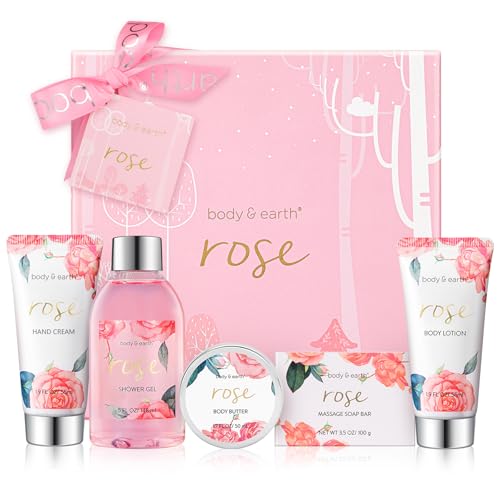BODY & EARTH Spa Gift Set for Women - Luxurious 5 Pcs Bath and Body Gift Sets with Rose Scent, Spa Gift Box, Bath Set Includes Body Wash, Body Butter, Body Lotion and More, Birthday Gifts for Women