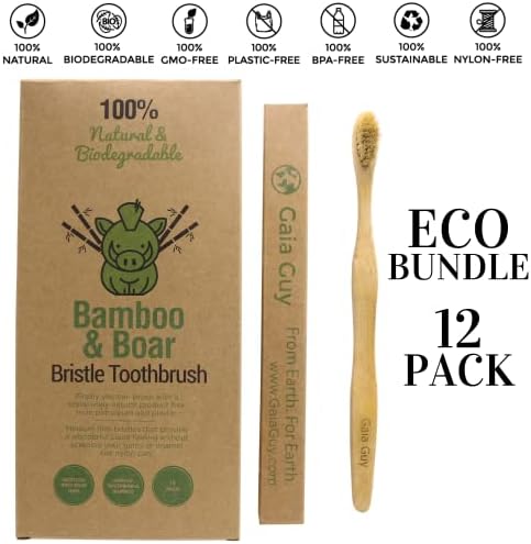Gaia Guy Natural Bristle Bamboo Toothbrush with Boar Bristles - Totally Biodegradable and Compostable - No Nylon Toothbrushes - Zero Waste 12-Pack