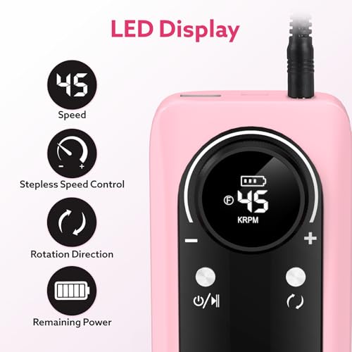 Nimmu Portable Nail Drill Professional, 45000RPM Electric Nail File for Acrylic Nail Remove Gel Polish, Rechargeable Nail Drill Machine with 11 Bits Kit for Manicure Salon Home (Pink)