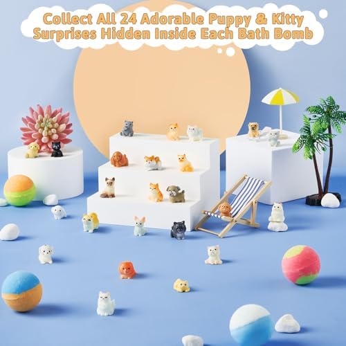 Bath Bombs for Kids with Surprise Inside, 24 Pack Kids BathBombs with Puppy & Cat Toys, Child-Safe Natural Bath Bombs with Toys Inside for Girls and Boys, Birthday Party Favors