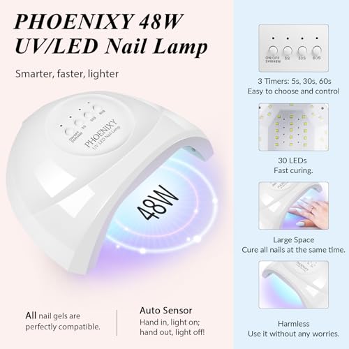 PHOENIXY Gel Nail Polish Kit with U V Light 48W, 56 Pcs 108 Effects Gel Nail Polish Kit Base Matte Glitter Top Coat Manicure Nail Set Gifts for Women