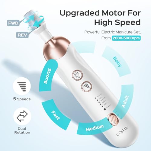 COSLUS Professional Manicure Pedicure Kit: 5 in 1 Electric Nail File Set Toenail Grinder, 5 Speed Cordless Nail Drill for Thick Nail Toenail Cuticle, Hand Feet Trimmer Buffer for Women Men Baby Pets