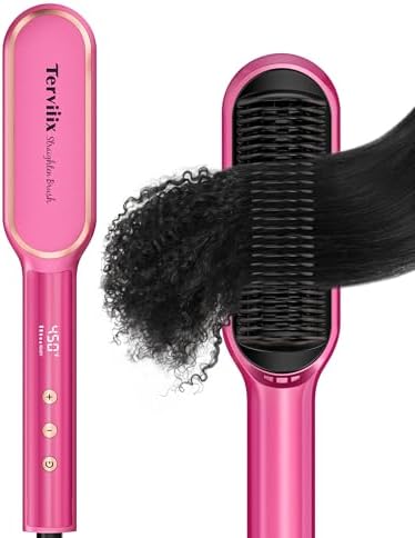 Terviiix Frizz Buster Ionic Hair Straightener Brush with MCH Heater - Rapid 450°F in 20S, Hair Straightener Comb for Efficient One-Pass, Anti-Scald, 13 Heat Settings, Dual Voltage, Pink