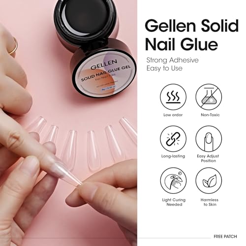 Gellen Solid Nail Glue Gel Kit - 8g Gel and 8w Mini UV Light LED Lamp for Cured Nails, Press on Glue for Acrylic Fake Tips, Salon Art DIY at Home