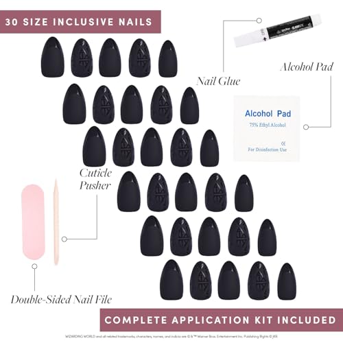 Harry Potter™ x Glamnetic Press On Nails - Deathly Hallows™ | Black Harry Potter™ Graphic Short Almond False Nails, Reusable Stick On Fake Nails with Glue | Salon Quality | 15 Sizes - 30 Nail Kit