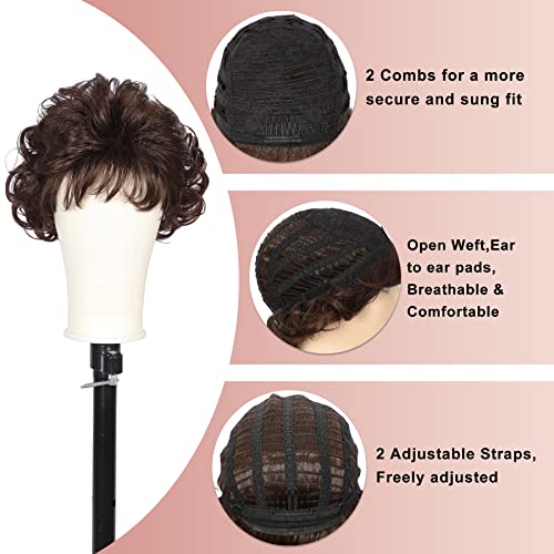 Kalyss Dark Brown Short Curly Wavy Wig with Hair Bangs 100% Imported Premium Synthetic Fashion Brown Hair Wigs for Women (Brown)