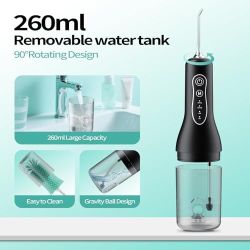Water Flosser Teeth Cleaner, 4 Modes Rechargeable Portable Cordless Oral Irrigator 260ML Electric Dentel Flossers with DIY Strength, IPX7 Waterproof Travel Flossing Cleaning Picks for Home, Travel