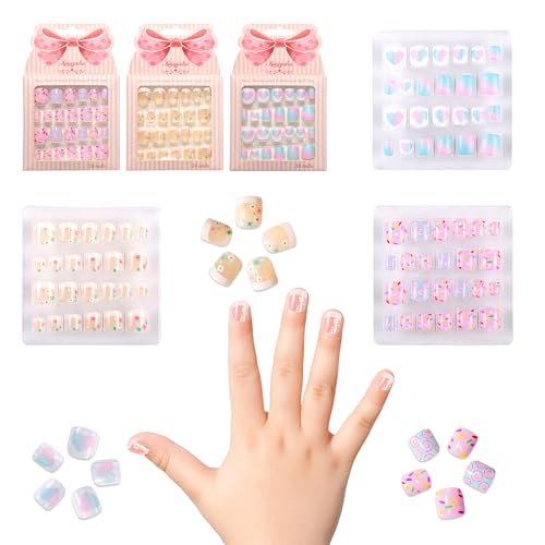 Kids Press on Nails Children Fake Nails 72PCS Artificial Nail Tips Adhesive Full Cover Short False Fingernails for Girls Kids Nail Decoration (French Donut Heart)