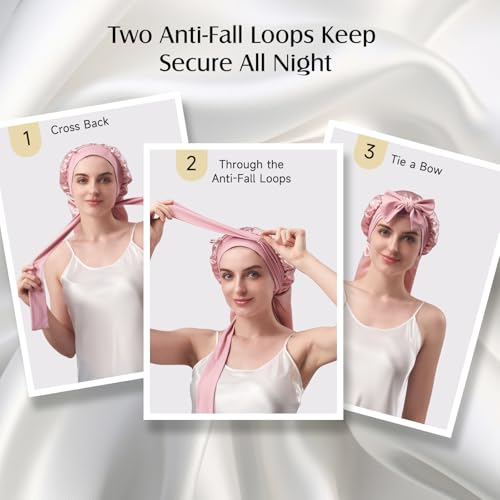 YFONG 22 Momme 100% Mulberry Silk Bonnet for Sleeping Women Long Hair, Double-Layered Silk Hair Bonnet with Elastic Tie Band, Extra Long Sleep Cap for Braids Curly Hair Care, 1Pc, Pink