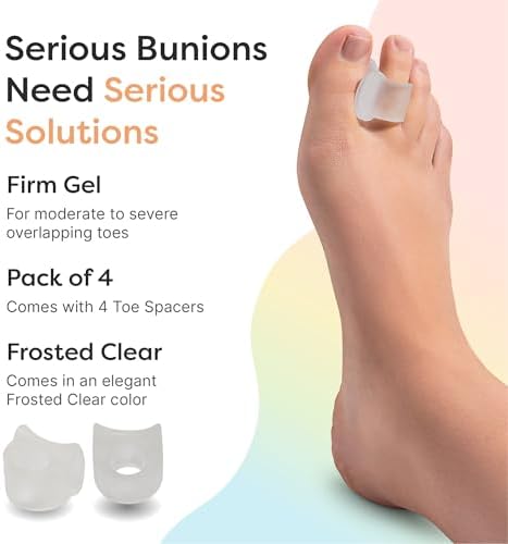 ZenToes Gel Toe Separators for Overlapping Toes, Bunions, Big Toe Alignment, Corrector and Spacer - 4 Pack (Firm Frosted Clear)