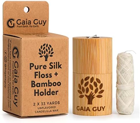 Gaia Guy Natural Unflavored Silk Dental Floss with Floss Refill & Reusable Bamboo Holder | 2 x 33yds Compostable Pure Silk Waxed with Candelilla Wax | Plastic-Free Packaging