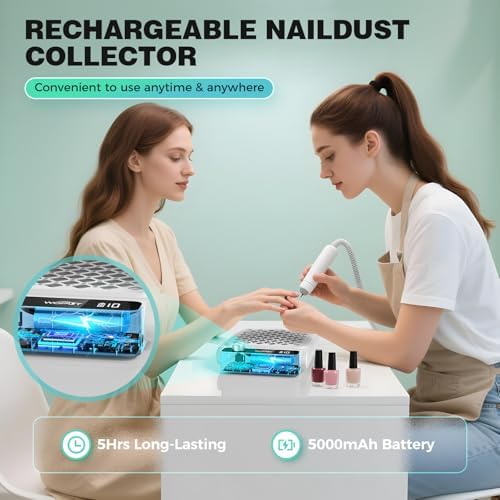 Rechargeable Nail Dust Collector, 980PA Portable Cordless Nail Vacuum Dust Collector Fan with Filter Papers (30 Pcs) for Acrylic Nail Polishing & Manicure Pedicure at Nail Salon & Home - White