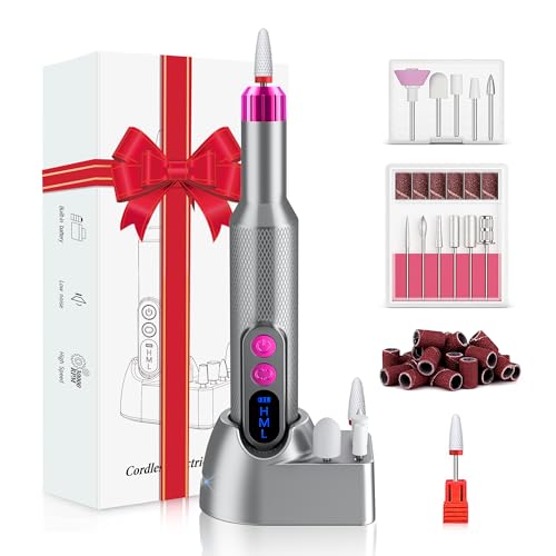 Nail Drill, Cordless Electric Nail Filer Professional E-File Nail Drill Kit for Acrylic, Gel Nails, Manicure Pedicure Polishing Shape Tools Design for Home Salon Use Gray