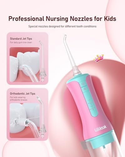 Kids Water Flosser Pink, Rechargeable Oral Irrigator for Kids Aged 6+, 4 Modes, 3 Jet Tips, Fun Stickers, Safe and Gentle Oral Care
